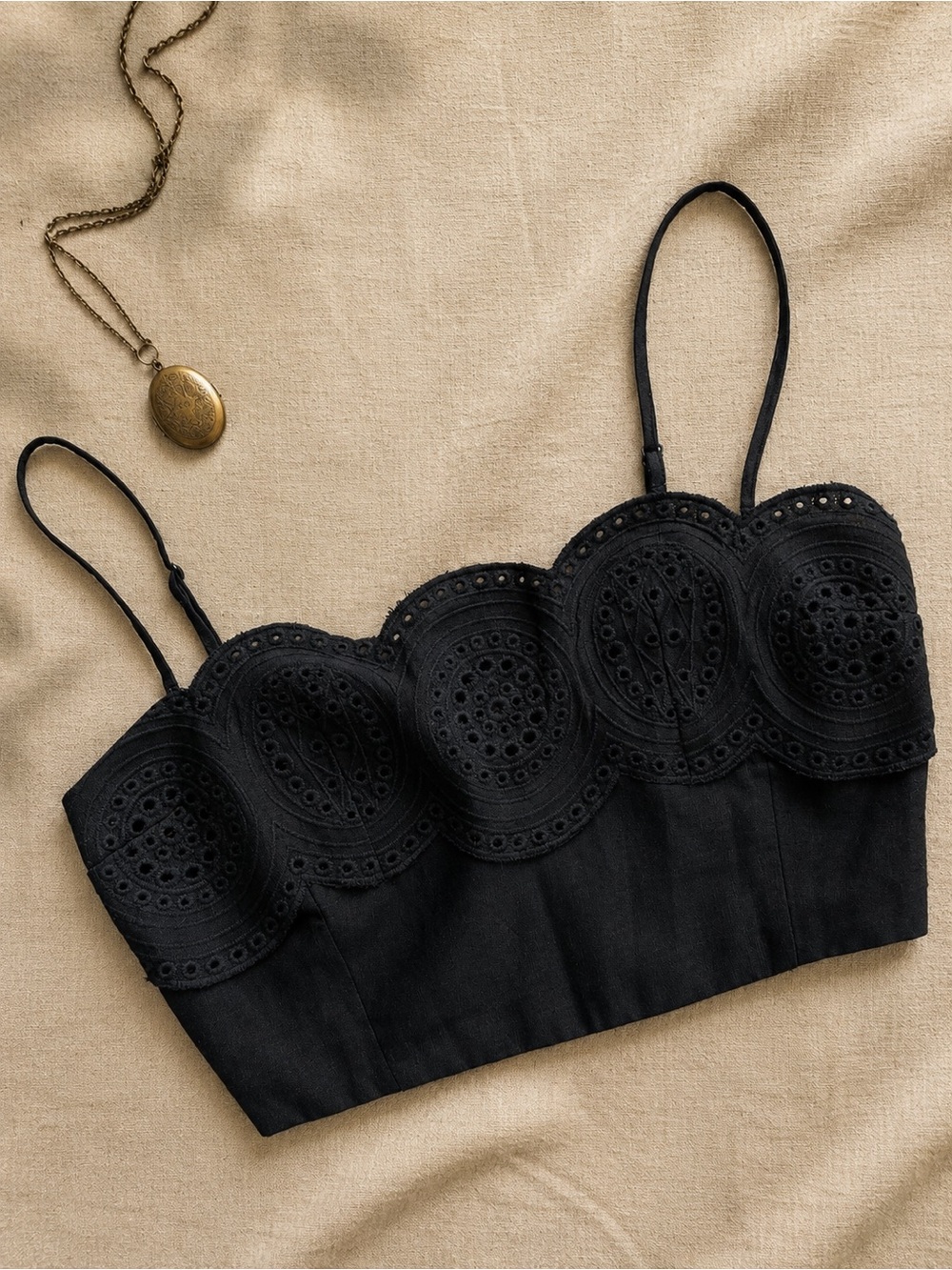 Sigrid Olsen Black Linen Blend Eyelet Bustier Crop Top Medium